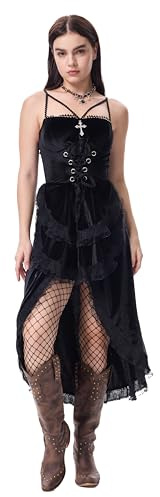 Crazycos Style Gothique Jupe Robe Courte Vintage Gothique en Velours et Dentelle, Bretelles Spaghetti Réglables Ourlet Asymétrique, idéale pour Une Soirée à Thème Sombre Défilé de Mode Style Punk M