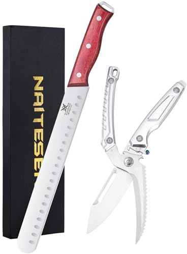 Naitesen 2PCS Brisket Carving Knife and All Purpose Kitchen Shears Set, Grilling Knives Heavy Duty Poultry Scissors, Butcher Slicing Knife for Vegetable Meat Beef Turkey Cutting, Gifts for Men Women