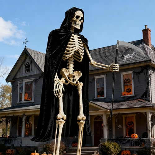 2 Pcs 12 ft Skeleton Costume Accessories Set Halloween Extra Large Black Cape and Small Sickle Giant Sized Skeleton Clothes Accessories for Halloween Garden Lawn Indoor Outdoor Decor