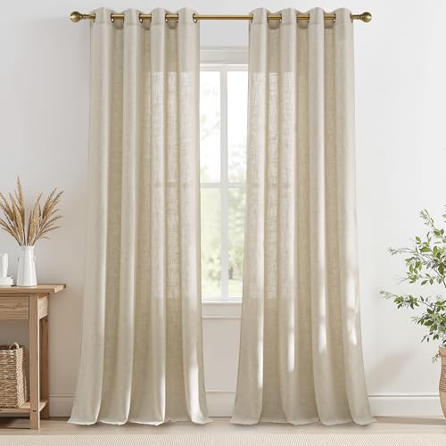 PONY DANCE Leinenvorhang Halbtransparent Wohnzimmer Gardinen mit Ösen | 2er Set, H225 x B140 cm, Beige, 220g/m², Dicht, Schwer, Leinen, Sonnenschutz, Landhausstil, für Schlafzimmer Kinderzimmer
