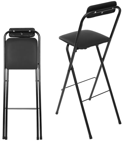 Sgabelli Da Bar Pieghevoli Per Esterno, Comodo Richiudibile Sgabello Alto Con Schienale, Capacità Di 150KG, Altezza Seduta 55/70/85/90cm, Sedie Da Pranzo Portatili Con Sedile Imbottito(Black,H85cm)