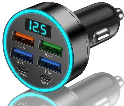 Car USB 6 in 1 Super fast Charger, 45W in Car Chargers | Cigarette Lighter Socket, 30 minute Car Charger for IPhone, Ipad, iOS, Android Smartphones Super Fast Charging Multi Charge