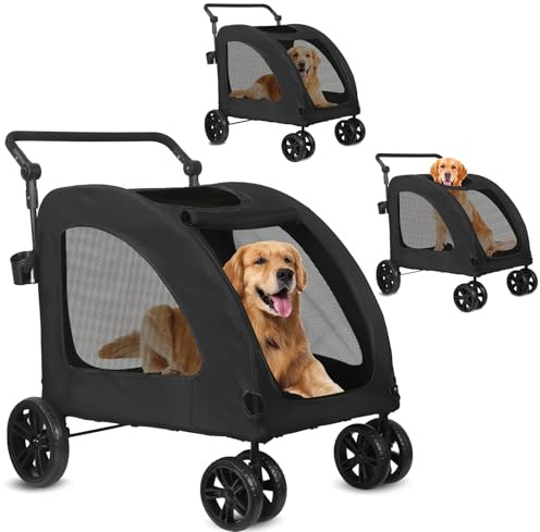 Passeggino per Cani di Taglia Grande e Media Pieghevole a 4 Ruote con Ingressi a Cerniera e Finestre a Rete, Passeggino per Animali in Acciaio e Tessuto Oxford, 88x53x105cm, Nero
