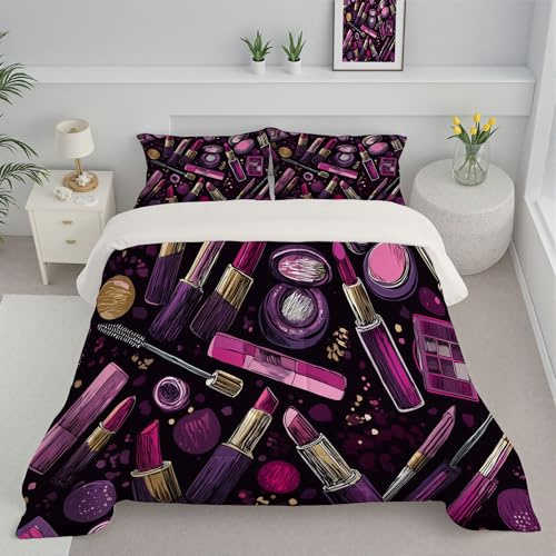 SMBHIAON Trapunta Piazza E Mezza Per Bambini, Con Design Palette Rossetti E Ombretti,Trapunta 4 Stagioni,Tema Prodotti Bellezza Per Ragazze, Piumone Viola, Letto 200x200cm Federa, Reversibile Piumino