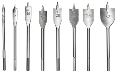 8pcs Spade Drill Bit Set, 6mm-32mm Carbon Steel Wood Drill Bits | Flat Wood Drilling Bits with 1/4 Hex Shank | High Speed Woodworking Drills Bits for Wood Particleboard Plywood