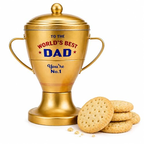 World’s Best Dad Trophy Biscuit Tin 250g - Buttery Shortbread Biscuits (2 x 125g) in Gold Trophy Cup Tin - Fathers Day Gift for Dad, Novelty Keepsake Gift