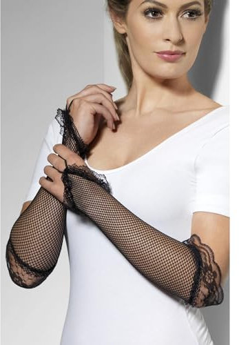 Smiffys Fingerlose Fischnetz-Handschuhe Schwarz, mit Spitze Halloween