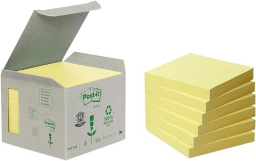 Post-it Recycling Notes Kanariengelb, Packung mit 6 Blöcken, 100 Blatt pro Block, 76 mm x 76 mm, Farbe: Gelb - Selbstklebende Notizzettel aus 100% Recyclingpapier