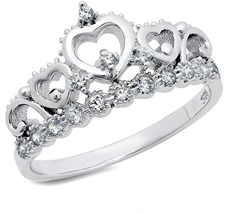 Metal Factory Sz 11 Sterling Silver Cubic Zirconia Princess Heart Crown Tiara CZ Band Ring