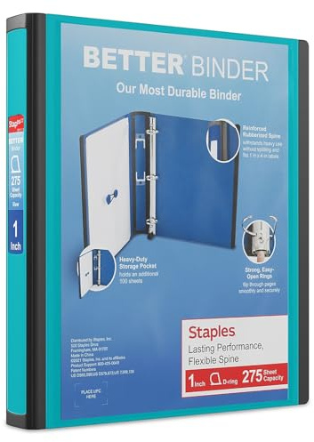 Staples 1 Inch Better View Binder with D-Rings, Teal by Staples