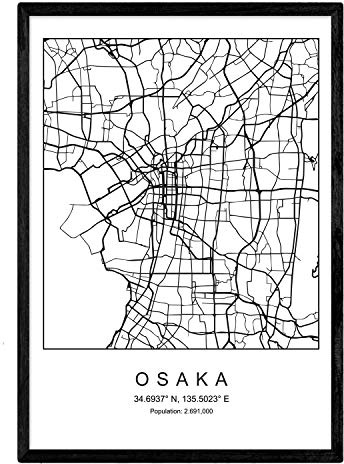 Nacnic Stampa Osaka Mappa della Città in Stile Nordico in Bianco e Nero. A3 Formato della Carta Stampata No 250 gr. Dipinti, Stampe e manifesti per Soggiorno e Camera da Letto