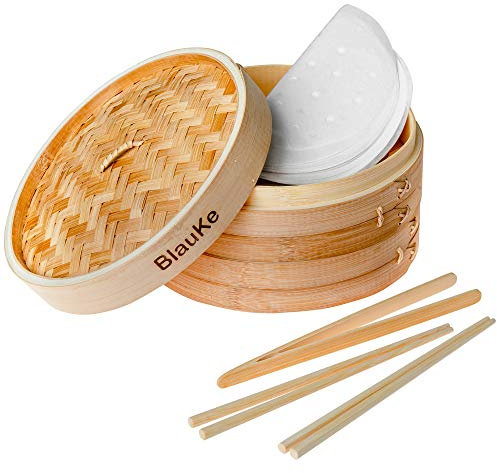 Vaporera de Bambú 25cm para Arroz, Dim Sum, Verduras, Carne, Pescado – Vaporera Bambu Para Cocinar al Vapor con 2 Pisos, 2 Pares Palillos Reutilizable, Pinzas, 50 Papeles para Cocinar al Vapor