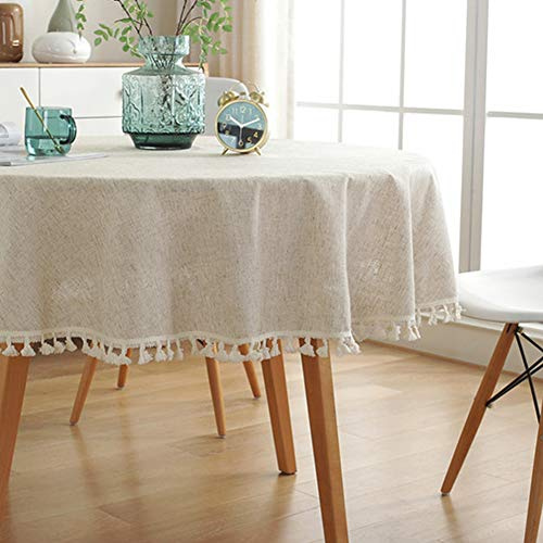 AMZALI Cotton Linen Fabric Tassel Round Tablecloth Dust-Proof Table Cover for Kitchen Dinning Tabletop Home Decoration (60 Inch, Linen)