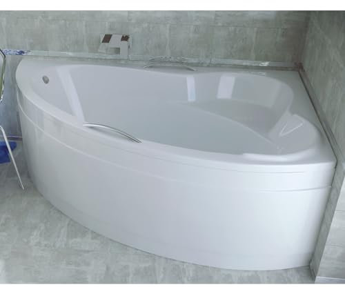 ECOLAM® Badewanne Eckbadewanne Acryl Ada weiß 140x90 cm RECHTS + Schürze + 2 x Handgriff Ablaufgarnitur Ab- und Überlauf Automatik Füße Silikon Komplett-Set