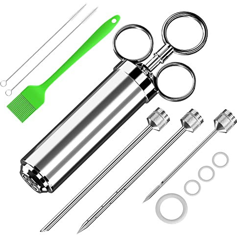 Meat Injector Syringe Kit, Stainless Steel Marinade Flavor Injector Kit with 3 Needles, Turkey Baster Food Syringe for BBQ, Baking, Turkey and Cooking, Free silicone brush (Silver)