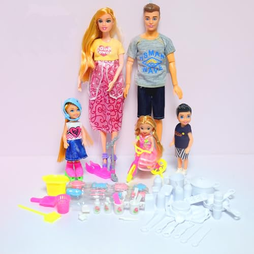 UCanaan Set Bambole Familiari 6 Persone con Papà Mamma Incinta 3 Bambini e Bambino sulla Pancia Mamma e 70 Pezzi Accessori Usato per Educazione e Regalo Compleanno