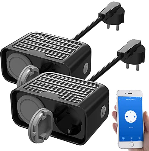Luminea Home Control WLAN-Steckdosen-Leiste: 2er-Set Outdoor-WLAN-2-fach-Steckdosen komp. zu Alexa & Google Ass. (Steckdose mit Klappdeckel, Steckdosenleiste für außen, Laser)