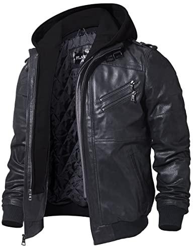 FLAVOR Echtes Lederjacke Herren Abnehmbarer Hoodie (XXL, Schwarz)