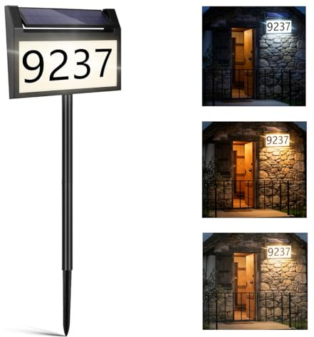 Lianyipass Adressschild, Solar-Hausnummern für den Außenbereich, modernes Schild, wasserdicht, beleuchtet für Hof, Auffahrt, Straße mit Pfählen
