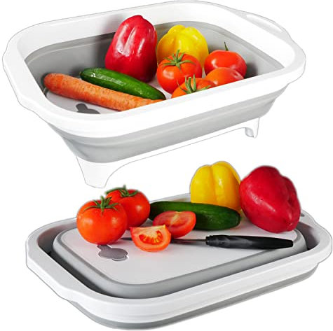 Intirilife Planche à découper pliable multifonctionnelle Égouttoir de 8L en Gris - Blanc avec boîte de rangement pour outils de coupe