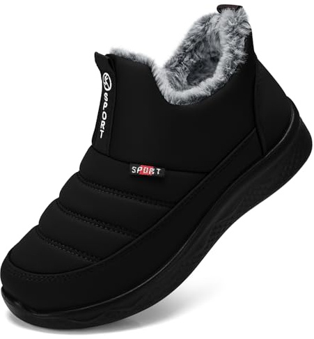 SHIBEVER Women Winter Snow Boots: Black Ankle Low Heel Slip on Fur Waterproof Booties for Womens Outdoor Warm Shoes Size 7