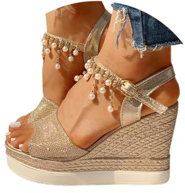 Minetom Femme Sandale Talon Compensé Chunky Chaussure Sandale Plateforme Cheville Perle Strass Talon Plateforme Sandales A Or 37 EU