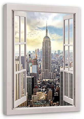 WallArena Leinwand Bilder 80x60 cm | Fensterbilck Fenster New York Stadt, Leinwandbilder, Bild auf leinwand, Format: 80x60 cm (BxH) - einteilig auf