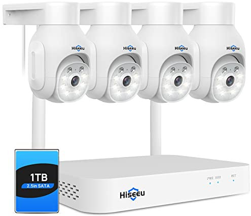 Hiseeu 5MP Kit Cámaras de Vigilancia WiFi Exterior, con 4 cámaras de vigilancia Girar 8CH NVR, Visión Nocturna Detección Movimiento, PTZ Sistema Cámara de Seguridad con 1TB HDD
