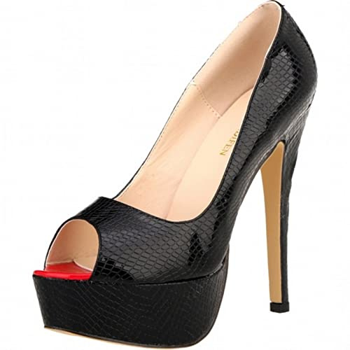 QIANKUN Scarpe da donna con tacco alto alla moda sexy stiletto punta aperta plateau motivo coccodrillo stiletto per feste e matrimoni - Nero, 36