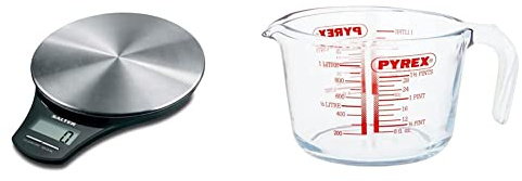 Salter 1035 SSBKDR Electronic Stainless Steel Kitchen Scale, Accurate Weighing up to 5KG, Measures Liquids and Fluids, Easy View Screen, Black & Pyrex Glass Measuring Jug, 1L, Transparent