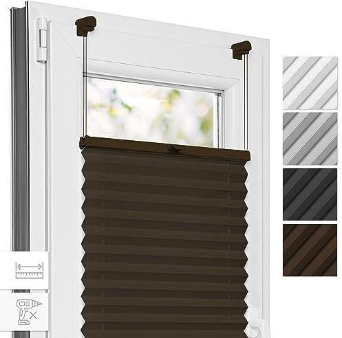 Estika Plissee, Bruchfeste Klemmhalter - Braun - 105 cm x 120 cm - Plissee ohne Bohren, Plissee Klemmfix, Rollos für Fenster ohne Bohren, Jalousien Fenster für innen, Raffrollo