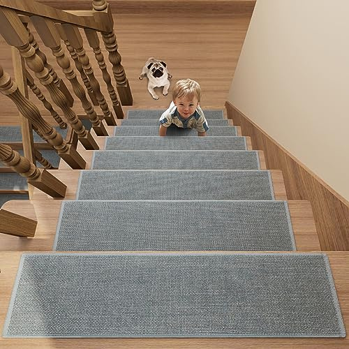 Stair Treads Carpet 7 pcs for Wooden Steps with Non Slip Rubber Backing, 100% Polyester Soft Stairs Resistant Indoor Skid Runner Safety Rugs for Kids Elders and Pets 30 * 8 (Gray-Dense Knitting)