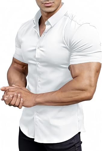 EOUOSS Men’s Muscle Fit Dress Shirts Stretch Athletic Slim Fit Short Sleeve Casual Button Down Shirt, White, Medium