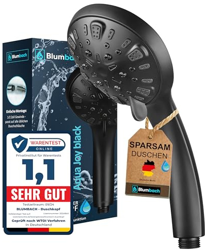 BLUMBACH® Duschkopf schwarz Aqua Joy, Premium Shower Head mit 8 Strahlarten | Wassersparende Duschbrause schwarz, Hochdruck Duschkopf Massage, Brausekopf Dusche, Handbrause Dusche mit hohem Druck