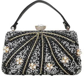 CORIOS Damen Strass Clutch Tasche Perlen Abendtasche Shiny Diamant Handtasche Hochzeit Brautbörse Kette Schultertasche Geldbörse Portemonnaie Tasche Elegante Umhängetasche Schwarz