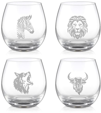 Joeyan 450 ml gravés Verres à vin blanc sans pied,Lot de 4 thème animal zèbre lion loup vache,tasses à vin rouge courtes, verres à cocktail Lowball,gobelets à boire,cadeau amusant