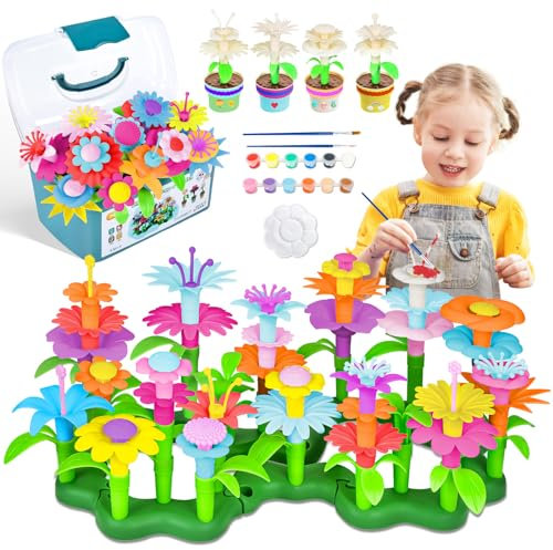 JONRRYIN Blumengarten Spielzeug ab 3 Jahre Mädchen, DIY Bouquet Malset Sets, Flower Garden Building Toy Set, Blumen Steckspiel, Blume Garten Gebäude Spielzeug (Reis-Weiß-130 pcs)