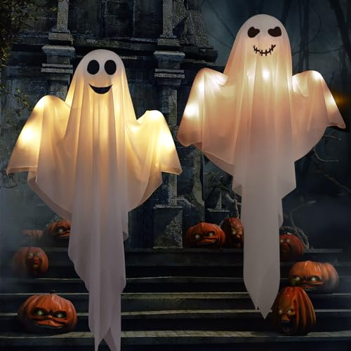 2 Stück Halloween Deko Geist, Halloween Deko Outdoor Geister mit LED 60 cm | halloween deko garten,halloween deko geist,halloween dekoration,geister deko,Gruselige Windsack Hängende für Terrasse, Party