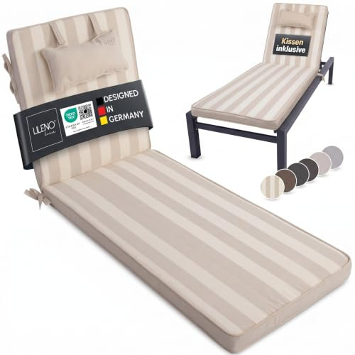LILENO HOME Sonnenliege Auflage mit Kopfkissen [1er Set - Rollliege] in Blockstreifen Beige - Gartenliegen perfekt für Strandliege - Auflage für Gartenliege Dub