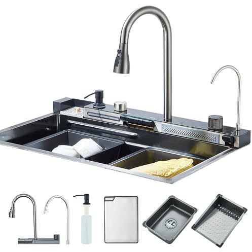 Évier de Cuisine Hevenaov Évier de Cuisine en Acier Inoxydable évier de cuisine gris foncé avec robinet extractible et autres accessoires Pour laver les légumes et la vaisselle (75x45x21cm)
