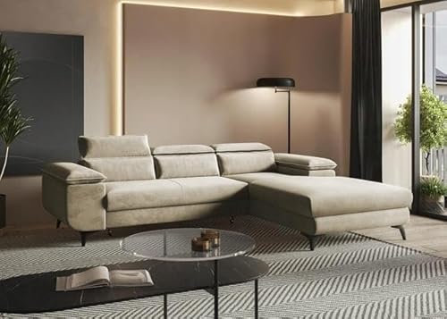 MODERNO Ecksofa mit Schlaffunktion Flat - Modern Sofa 3 Sitzen mit klappbare Kopfstützen - Schlafcouch L-Form mit Metallfüße 205x276x94 cm - Ecke Rechts Beige