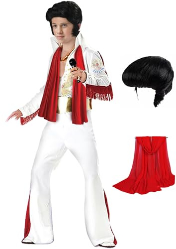 Luming Kinder Halloween Kostüm Karneval Deluxe Kostüm 50er 70er Disco-Party 5-teiliges: Jumpsuit, Gürtel, Perücke, Sonnenbrille, Schal