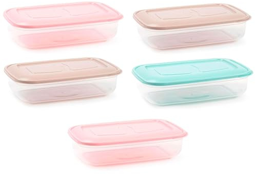 Acan Tradineur - Pack de 5 Fiambreras Rectangulares con tapa - Capacidad de 800 ml - Fabricado en Plástico - Apto para microondas, congelador y lavavajillas - 5 x 16 x 20,5 cm - Color Aleatorio