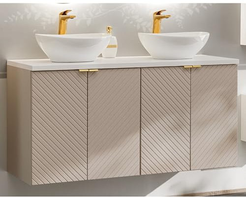 Lomadox Badezimmer Doppelwaschtisch 120 cm in Kaschmir und weiß, 2 Keramikwaschbecken, gerillte Front, wandhängend