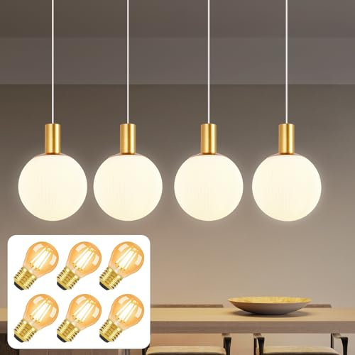 CBJKTX Pendelleuchte Esstisch 4-Flammig Hängelampe Glas Gold | 6 Stück E27 Leuchtmittel Höhenverstellbar Modern Für Esszimmer Küche Schlafzimmer Büro