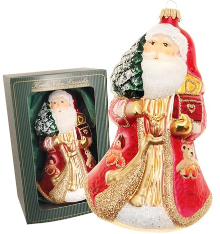 Krebs Glas Lauscha - Weihnachtsdekoration/Christbaumschmuck aus Glas - Weihnachtsmann als Anhänger - Motiv: mit Truhe - Größe: ca. 17 cm