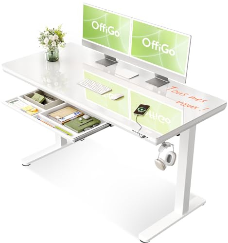 OffiGo Elektrischer Glas Schreibtisch mit Schublade 140×60 cm, Weiß | Elektrischer Glastisch mit Schublade, Schreibtisch Höhenverstellbar mit USB, Steh Sitz Schreibtisch für Homeoffice