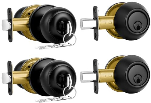Plustool 2 Pack Front Door Lock Set Matte Black,Exterior Door Lock Set with Deadbolt,Single Cylinder Deadbolt Lock and Door Knob Set,Keyed Alike Door Knobs with Lock&Keys,Round Ball Entry Door Lockset