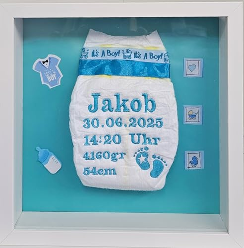Windelbild Baby Boy im 3D-Rahmen – personalisiertes Geschenk zur Geburt oder Taufe – handgefertigte Erinnerung für Jungen – Babybild mit Namen & Datum