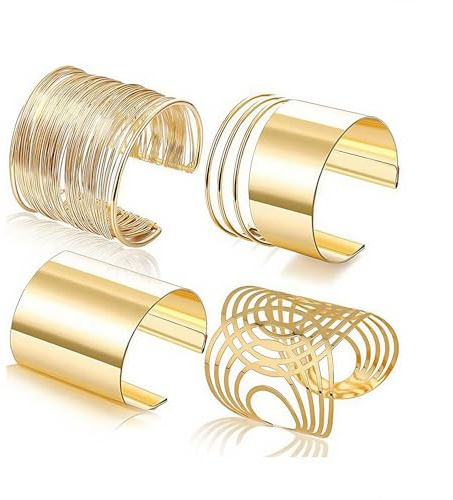 XFSRG 4 Stück Armband Damen Manschette Armreif Set Breit Verstellbare Oberarmreif Damen Gold Armband Oberarm Schmuck, Perfekt für Jeden Anlass (Gold Set 2)